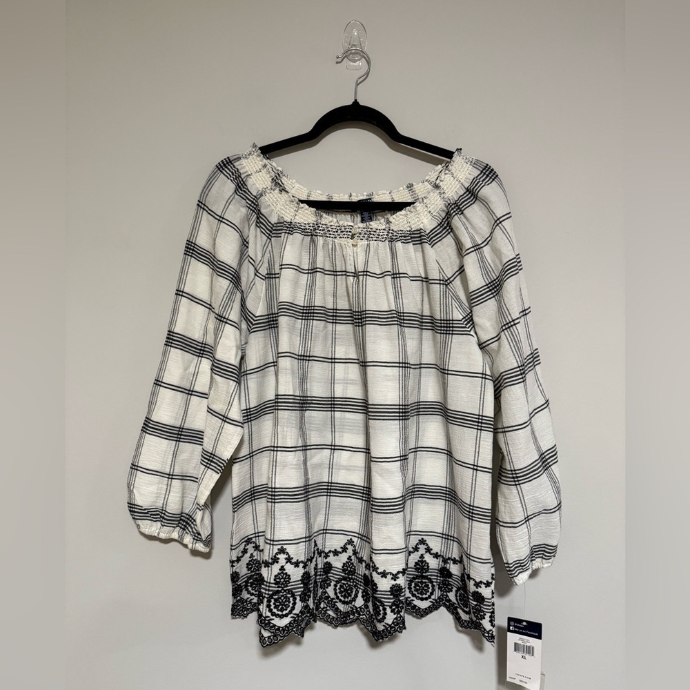 Chaps Women's Black and White Plaid Popover Top Size XL NWT